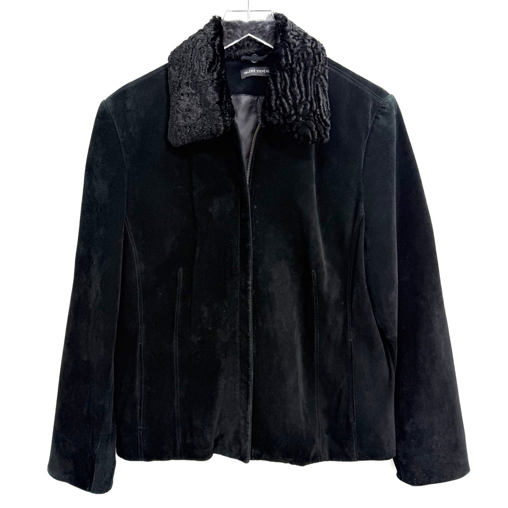 VTG Valerie Stevens Suede Leather Jacket Womens XL Faux Fur Collar Zip Up Black